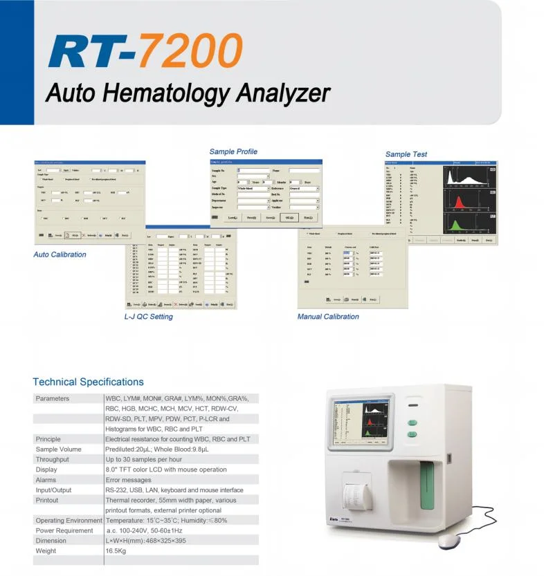 Analizador de la hematología de la máquina del análisis de sangre del Cbc del analizador de la hematología de Rt-7200 Rayto