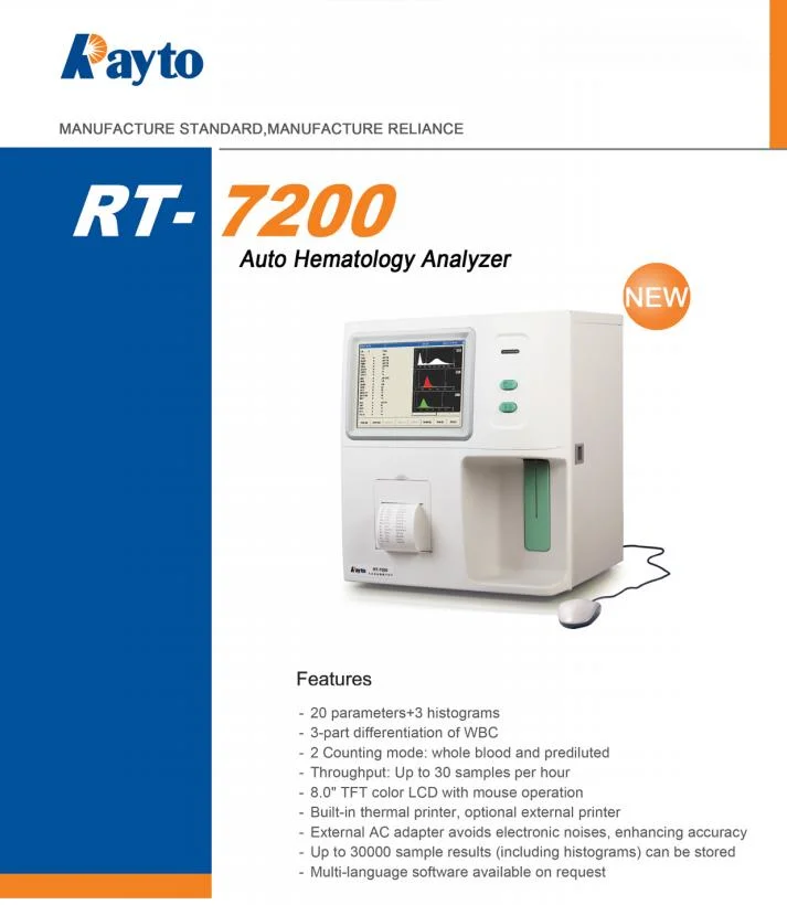 Analizador de la hematología de la máquina del análisis de sangre del Cbc del analizador de la hematología de Rt-7200 Rayto